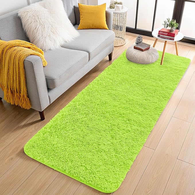 OLANLY 2x5 Machine Washable Runner Rugs for Hallway, Soft Fluffy Shaggy Bedside Rugs for Bedroom, Living Room, Indoor Floor Carpet for Kids Girls and Boys, Home Decor Aesthetic, Lime Green