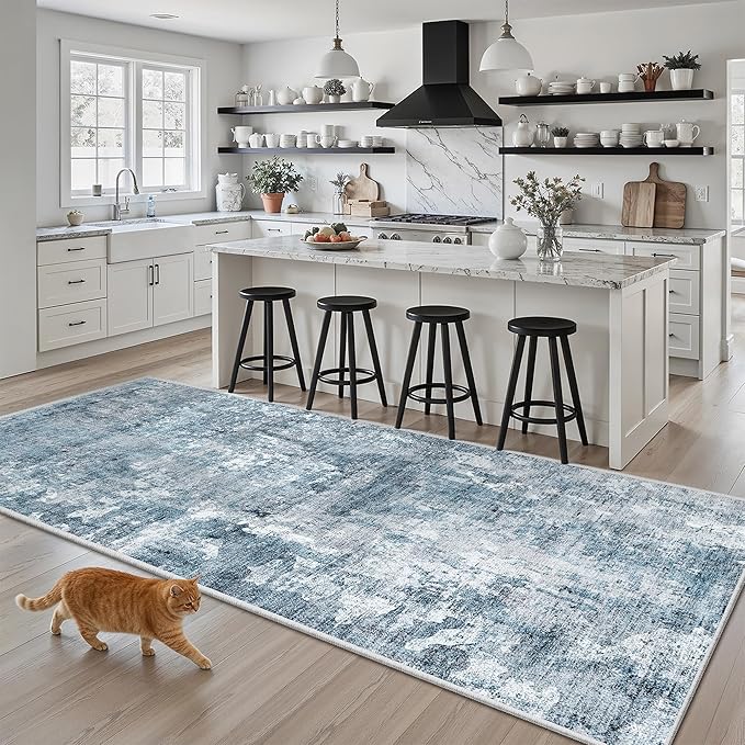 Runner Rug 3x6 Washable Non-Slip Kitchen Runner Rugs for Bathroom Laundry Room Blue/Grey Vintage Floor Carpet Runners for Hallway Entryway