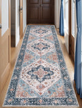 SERISSA Boho Washable Runner Rug, 2'6"x10' Long Non-Slip Vintage Blue Orange Hallway Kitchen Stair Runner Rug Ultra Soft Print Distressed Floor Carpet for Bedroom Bathroom Laundry Room