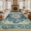 Area Rugs 10'x12' Washable Non-Slip, Floral Vintage Distress Print Pattern Medallion Carpet for Living Room Bedroom Dining Room, Dark Blue Vintage