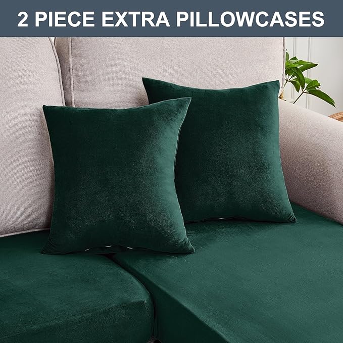 Couch Cover 6-Piece Elastic Velvet Couch Cushion Covers & Chaise Slipcovers for L-Shaped Sofas, Sofa Seat Covers Washable, Soft Cover for Couches (5 Seater + Chaise, Christmas Green)