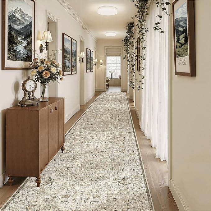 Madane Hallway Runner Rug 3x18 - Kitchen Rugs 18ft Washable Entryway Rug Vintage Kitchen Runners Non Slip Indoor Area Rug Farmhouse Carpet Runner for Bathroom Living Room Bedroom, Ivory/Brown