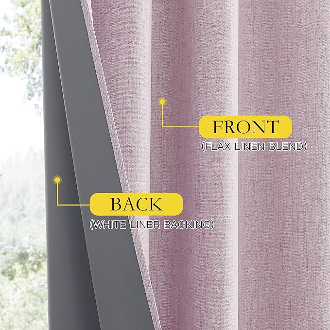 NICETOWN Pink Vintage Linen 100% Blackout Curtains for Living Room, Thermal Insulated Curtains 108“ Long, Noise Reducing Window Treatment Drapes for Home Office, 62" Wide Per Panel, Set of 2