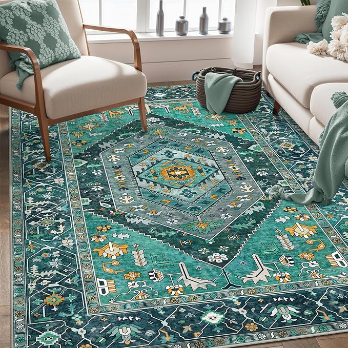 SERISSA Area Rug 3x5 Boho Teal Rugs for Bedroom, Washable Kitchen Rugs Non-Slip, Ultra Soft Print Distressed Tribal Entry Rug Low-Pile Throw Rug Carpet for Bedroom Nursery Living Room Dorm Decor