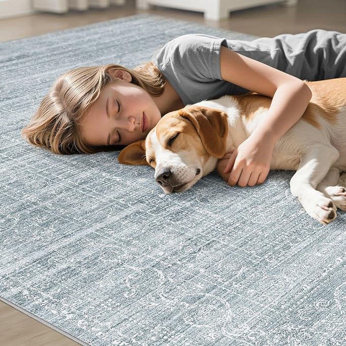 8x10 Area Rugs Living Room: Washable Large Neutral Soft Rug Farmhouse Stain Resistant Indoor Non-Slip Floor Carpet for Bedroom Nursery Kids Playroom Office Dining Room Dorm- Blue
