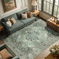 Area Rugs 6'x9' Washable Non-Slip, Floral Vintage Distress Print Pattern Medallion Carpet for Living Room Bedroom Dining Room, Dark Green Gray