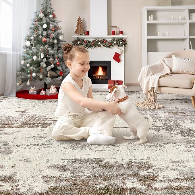 UERMEI Area Rug Living Room Rugs-Washable Neutral Modern Abstract Soft Thin Large Rug Indoor Floor No Slip Rug Carpet for Bedroom Under Dining Table Home Office Decor-Brown/Grey/Beige-7'x 9'