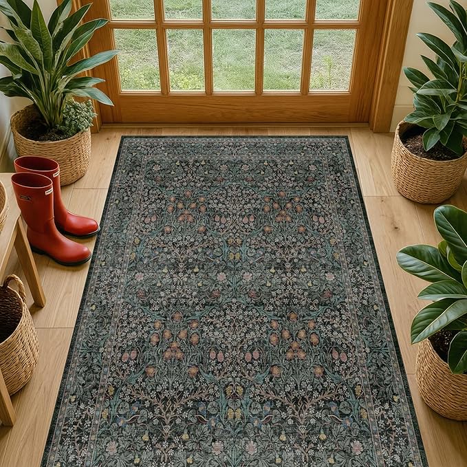 Vintage Floral Dark Green 3x5 Area Rugs for Entryway, Kitchen, Bedroom Beside Rug, Laundry Room, Non-Slip Low Pile Ultra Soft Stain Resistant Small Carpet