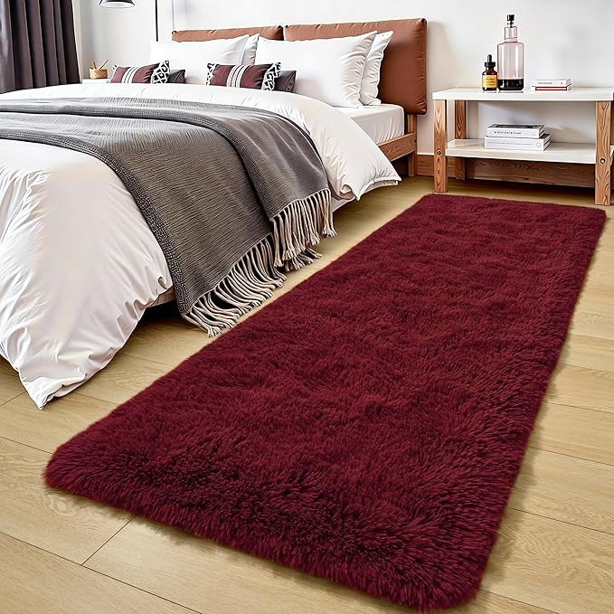 Tepook Soft Runner Rugs for Bedroom 2x6 with Rubber Backing, Burgundy Red Fluffy Rugs for Hallway, Shag Bedside Rug Fuzzy Plush Carpet for Living Room Dorm Nursery Indoor Home Decor