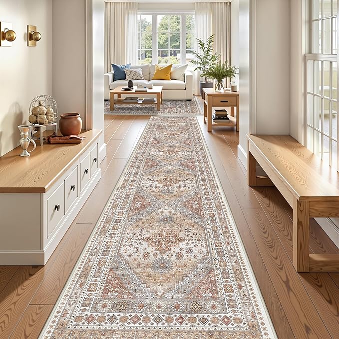 3x16 Runner Rug for Hallway, Non-Slip Long Kitchen Mats for Floor, Vintage Washable Rug for Entryway, Soft Hallway Runner for Dining Room, Bedroom, Living Room(Orange,3'x16')