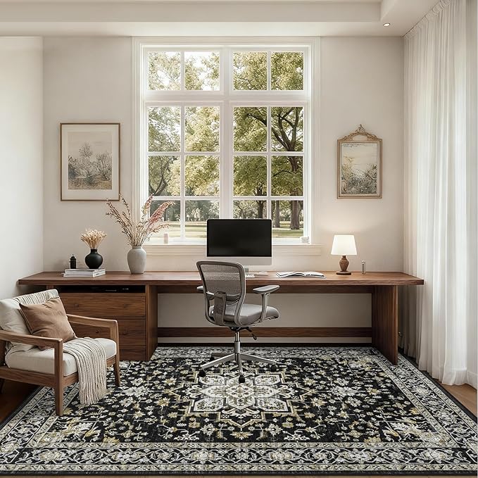 Area Rugs 10x12 Living Room Rug: Washable Rug Soft Vintage Boho Medallion Carpet Indoor Non-Slip Stain Resistant Large Carpets for Bedroom Dining Room Farmhouse Nursery Home Office Black Gold