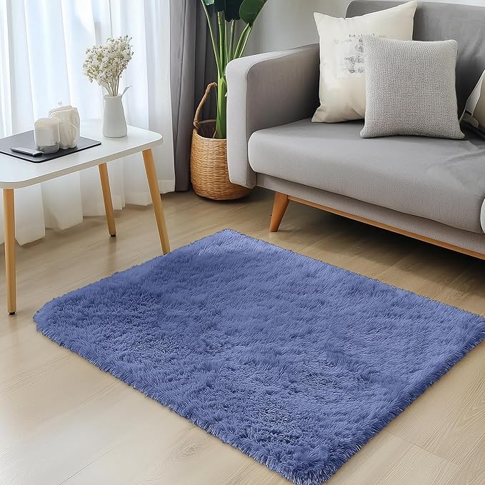 OLANLY 3x5 Machine Washable Small Bedside Rug, Soft Fluffy Shaggy Rugs for Living Room, Bedroom, Indoor Floor Carpet for Kids Girls and Boys, Preppy Dorms, Nursery, Home Decor Aesthetic, Denim Blue
