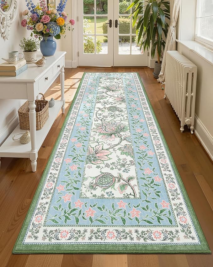 GarveeHome Blue Green Pink 2x6 Washable Kitchen Runner Rugs Non Slip Provence Botanical Grove Vintage Boho Cottage Long Rug for Hallways Bedroom TPE Rubber Backing