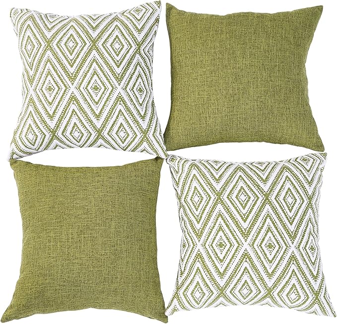 HPUK Decorative Throw Pillow Covers Set of 4 Geometric Design Linen Cushion Cover for Couch Sofa Living Room, 20"x20" inches, Green