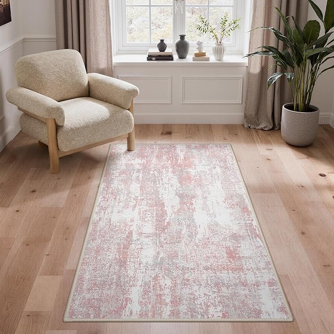 Area Rugs 3x5 for Living Room Bedroom, Modern Abstract Machine Washable Rug, Soft Low Pile Floor Carpet with Non Slip Backing for Entryway, Pink/Grey