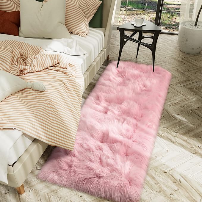 LOCHAS Soft Fluffy Faux Fur Rugs for Bedroom Bedside Rug 2x5 Feet, Washable, Furry Sheepskin Area Rug for Living Room Girls Room, Luxury Shag Carpet Home Decor, Pink