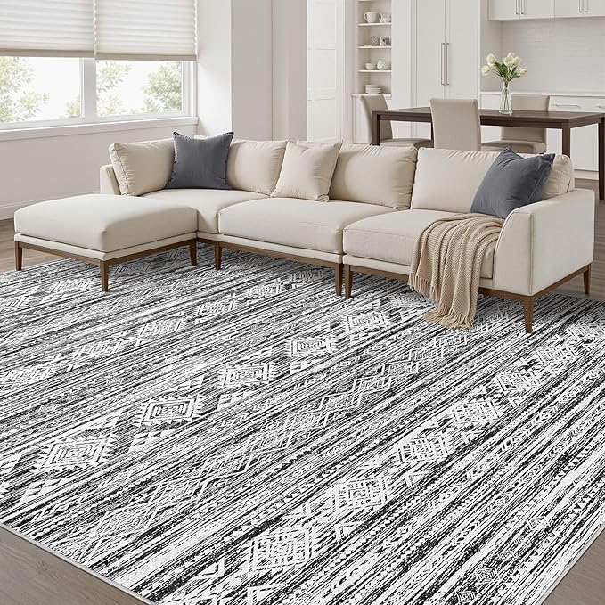 Nakagishi 8x10 Area Rugs Living Room: Washable Large Neutral Soft Rug Stain Resistant Non-Slip Carpet for Men Modern Home Enthusiasts Aged 25-45 - High Traffic Areas - Bedroom Office - Black White
