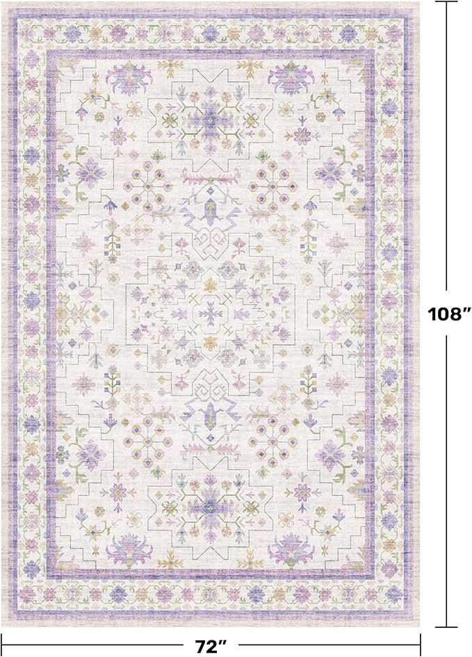 Hazo Haus 6x9 Lavender Rug for Bedroom, Kids Playroom, Non Slip Large Washable Living Room Area Rug, Low Pile Stain Resistant Foldable Boho Fairy Décor