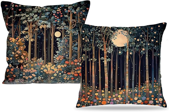 Vintage William Morris Moon Inspired Forest Decor Throw Pillow Covers 18x18 Set of 2,Rustic Botanical Nature Decorative Throw Pillow Covers for Home Bedroom Living Room