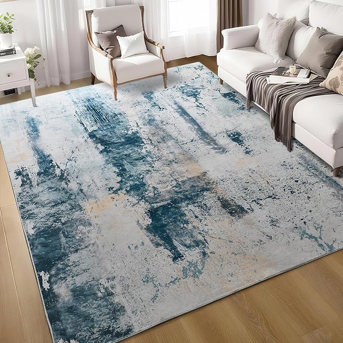 Living Room Rug 7x10 Aqua Blue Area Rugs Machine Washable Abstract Boho Large Rug Non-Slip Non-Shedding Faux Wool Indoor Vintage Carpet for Bedroom, Classroom, Dining Room, Kids Playroom