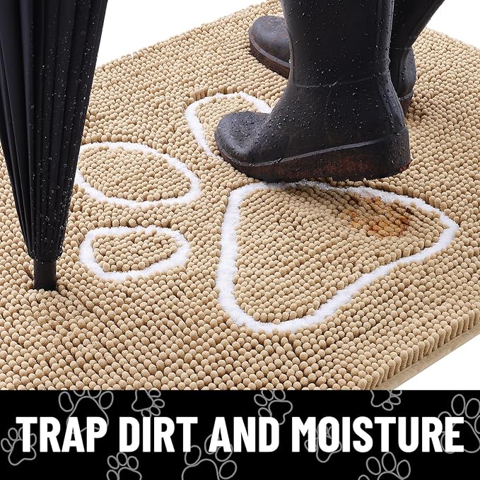 Smiry Dog Door Mat for Muddy Paws, Absorbent Dirt Trapper Non Slip Quick Dry Washable Chenille Mat for Mud Dogs, Entry Rug for Indoor and Outdoor (47x20 Inches, Beige and White)