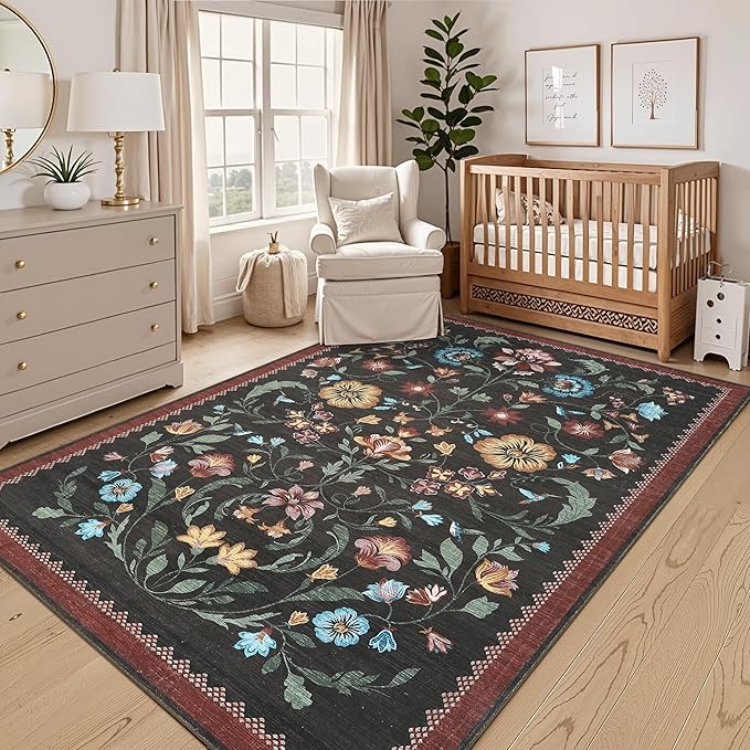 GarveeHome Washable Rug 5x7 Area Rugs for Living Room, Floral Rug for Bedroom, Soft Boho Non Slip Throw Rugs with Rubber Back, Low Pile Stain Resistant Vintage Floral Carpet for Dining Room, Red