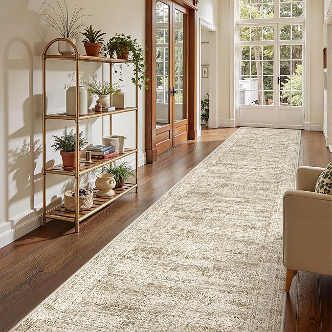 3x14 Washable Runner Rug for Hallway, Non-Slip Long Hallway Runner for Entryway, Soft Vintage Kitchen Mats for Floor, Abstract Dining Room, Bedroom, Living Room Rugs(3'x14', Brown/Ivory)