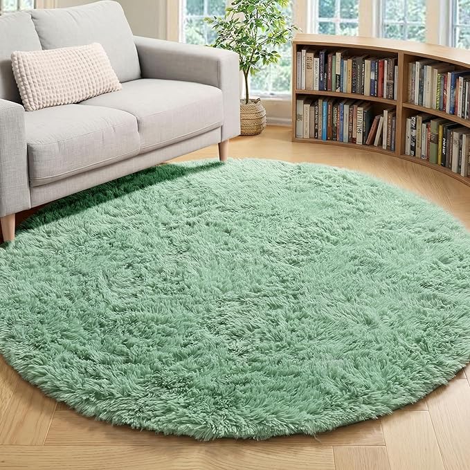 ONASAR Sage Green Round Area Rug 4ft, Fluffy Soft Bedroom Circle Rugs for Kids Girls Boys Teen Dorm Room, Cute Furry Plush Shaggy Carpet for Nursery Living Room Playroom Christmas Home Decor