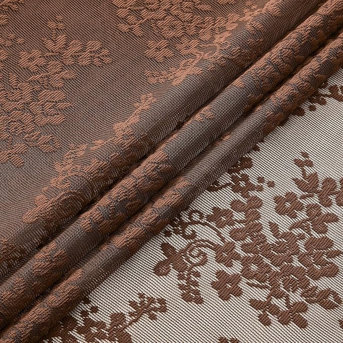 YJ YANJUN Vintage Lace Curtains 84 Inches Long-Victorian Floral Boho Brown Sheer Curtains for Living Room Bedroom, Light-Filtering Rustic Farmhouse Window Treatment, Chocolate 2 Panels 52W x 84L