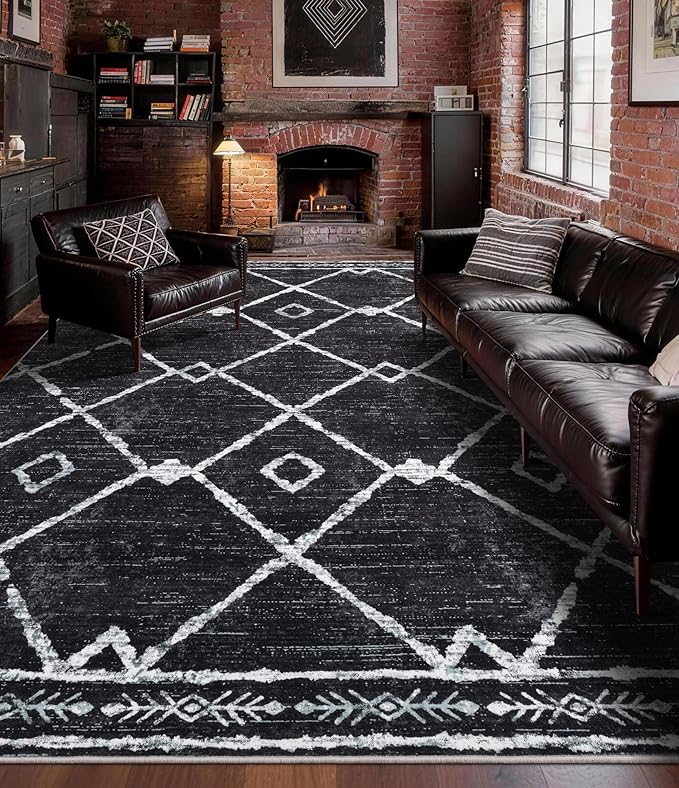 YIHOUSE Moroccan Rugs for Living Room, 8x10 Black and White Aztec Area Rug, Western Geometric Soft Low-Pile Washable Rugs for Bedroom, Dining Room