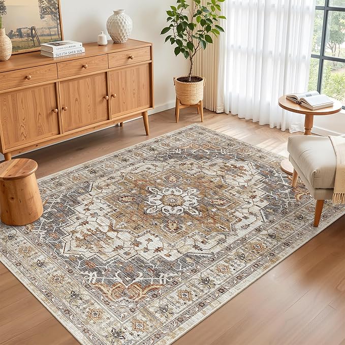 Madane Area Rug 3x5, Washable Vintage Entryway Rugs for Bedroom Non Slip Indoor Kitchen Runner for Living Room Laundry Room Playroom Soft Non-Slip Floor Carpets, Turmeric/Grey