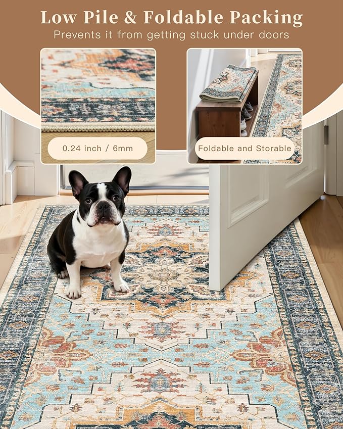 Madane Runner Rug 2x8, Washable Hallway Runner Rugs, Non-Slip Low-Pile Soft Kitchen Rug Runner Laundry Room Rug, Vintage Throw Entry Foyer Mat for Entrance Living Room (Orange/Blue, 2 x 8)