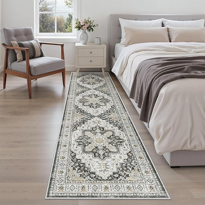 Madane Runner Rug 2x8, Washable Hallway Runner Rugs, Non-Slip Low-Pile Soft Kitchen Rug Runner Laundry Room Rug, Vintage Throw Entry Foyer Mat for Entrance Living Room (Black, 2 x 8)