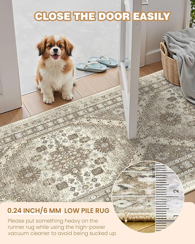 3x8 Runner Rug Non Slip Washable for Entryway, Front Porch, Vintage Hallway Runner for Laundry Room, Bedroom, Stain Resistant Thin Indoor Kitchen Mats for Floor(Brown,3'x8')