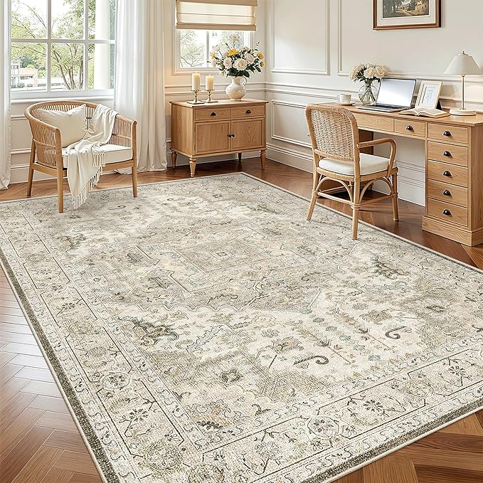Madane 6x9 Area Rugs for Living Room, Stain Resistant Washable Rugs, Non-Slip Backing Area Rug, Vintage Home Decor Rug for Bedroom (Ivory/Brown, 6'x9')