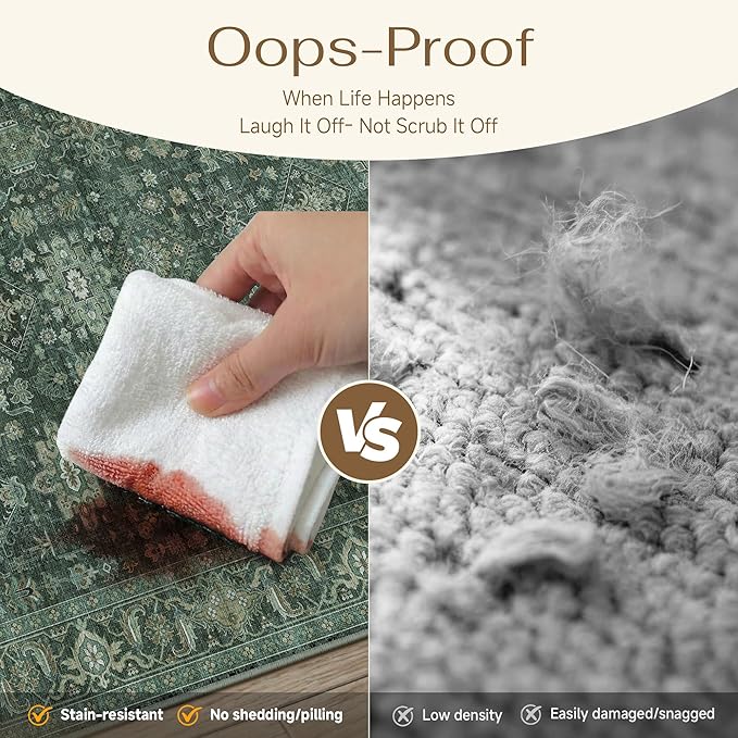 9x12 Washable Area Rug for Living Room Bedroom Vintage Green Non Slip Carpet Traditional Retro Soft Low Pile Large Throw Rug for Dining Room Kitchen Office Indoor