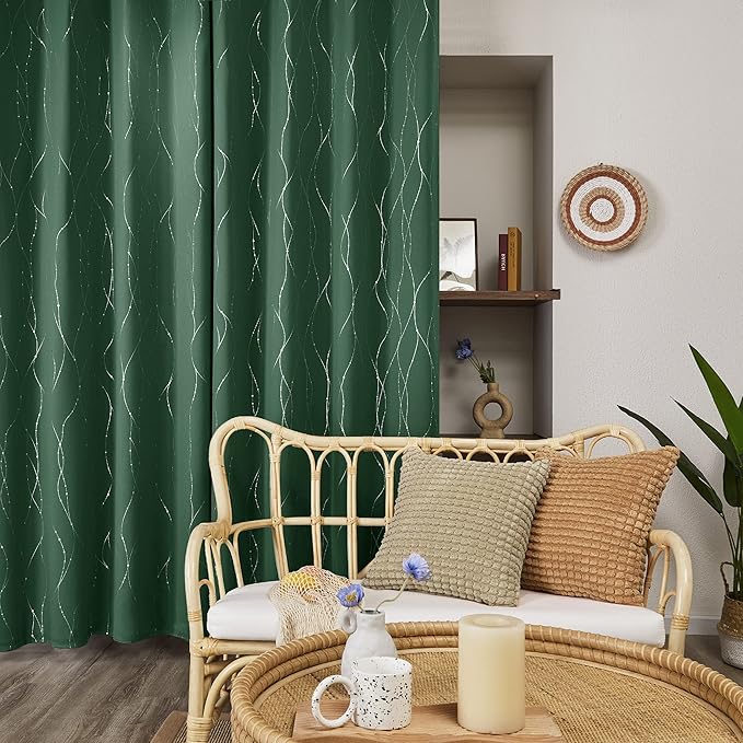 Deconovo Green Curtains, Christmas Blackout Drapes, Thermal Insulated Soundproof Drape, Wave Line Dot Foil Print, 52 x 108 Inch, 2 Panels, Machine‑Washable Window Panel for Living Room Kitchen Nursery