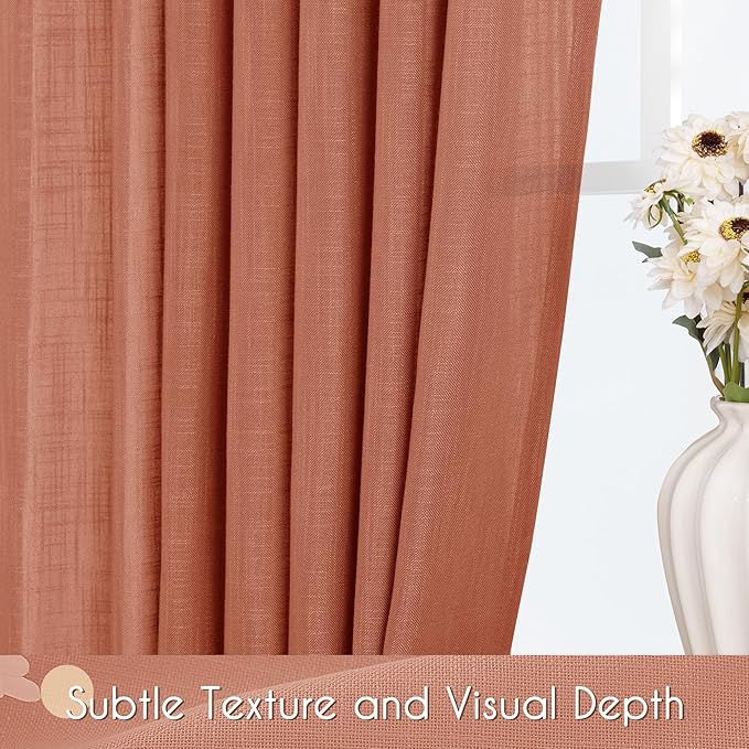 84 inch Linen Terracotta Curtains 2 Panels for Living Room Back Tab Light Filtering Semi Sheer Rust Colored Curtains 84 inches Long Soft Thick Cotton Cloth Textured Rustic Boho Farmhouse Room Decor