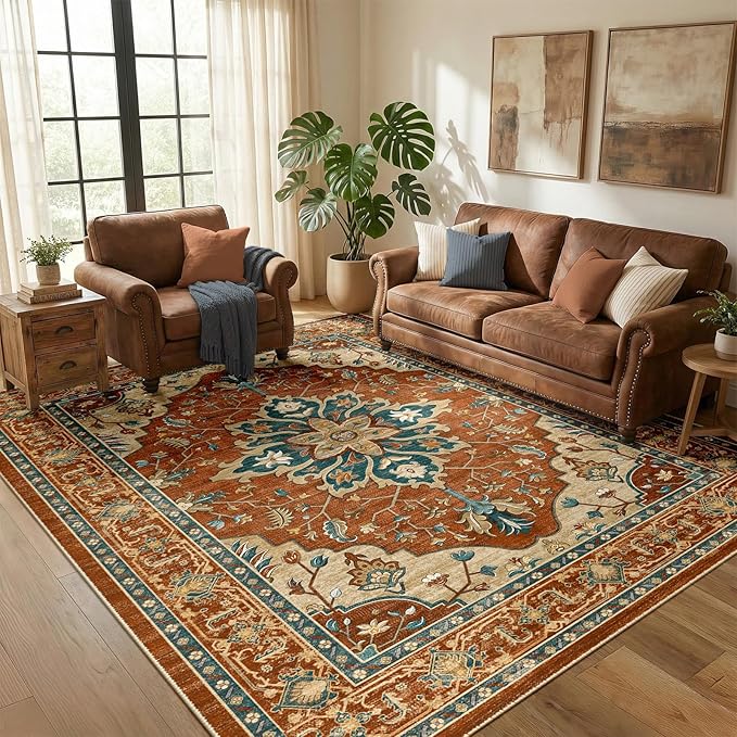 Area Rugs 5'x7' Washable Non-Slip, Floral Vintage Distress Print Pattern Medallion Carpet for Living Room Bedroom Dining Room, Red Orange Blue Brown