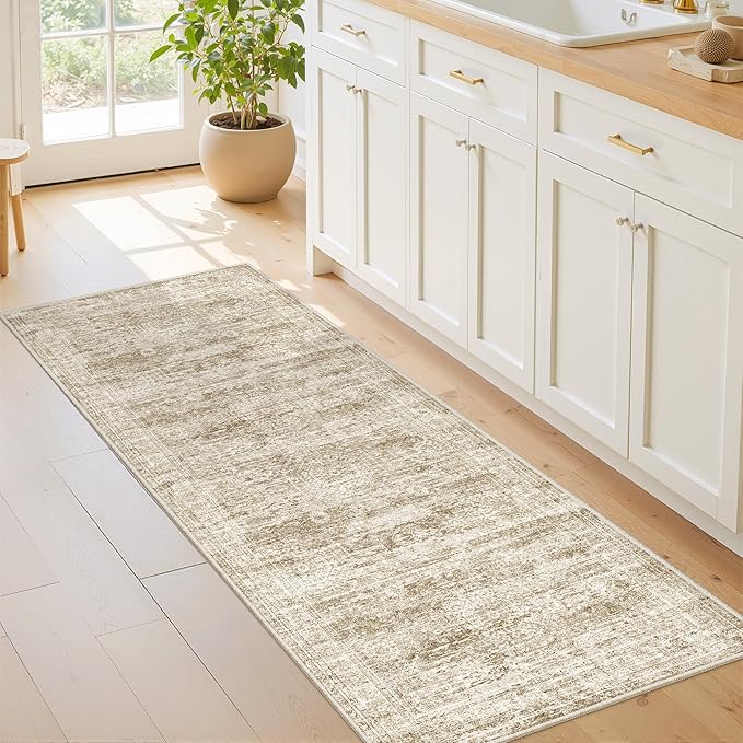2x5 Rug Runner Washable for Entryway, Soft Bathroom Rugs with Non-Slip Backing, Abstract Low Pile Hallway Runner, Vintage Small Kitchen Carpet for Stair, Laundry Room(2'x5', Brown/Ivory)
