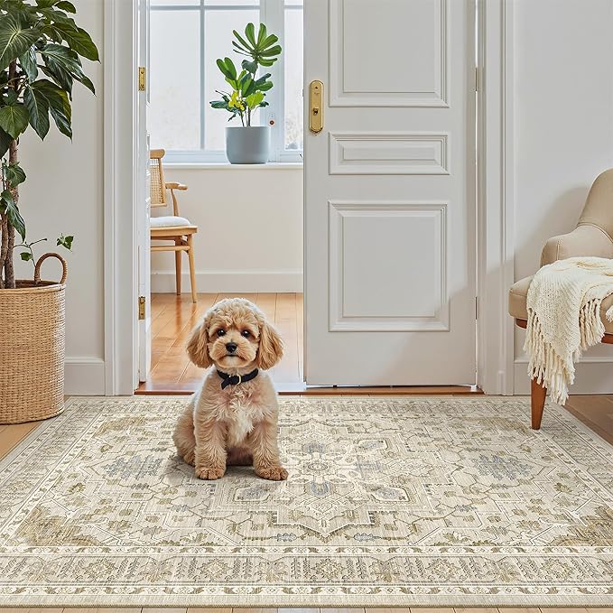 Madane Washable Entry Rug 3x4, Area Rugs for Entryway Kitchen Bathroom Door Mat Indoor Entrance, Vintage Floral Print Office Runner with Non Slip Rubber Backing, Beige/Blue