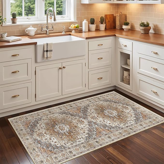 Madane Washable Area Rug 2x4, Small Entryway Rug Non-Slip Vintage Door Mat Indoor Entrance, Low Pile Floor Carpet Runner for Inside Front Door Kitchen Entry Laundry, Turmeric/Grey