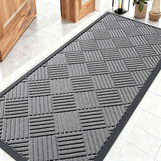 OLANLY Front Door Mat Outside Entrance 59x23, Absorbent, Heavy Duty Sturdy Natural Rubber Doormat Indoor Outdoor, Stain and Fade Resistant, Non-Slip Low Profile Floor Mat for Entryway, Grey Diamond