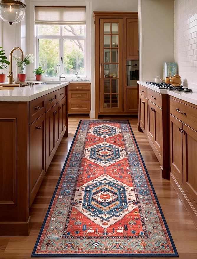 SERISSA Runner Rug for Hallways, 3x10 Washable Non Slip Kitchen Runner Rug, Long Boho Rug Vintage Rust Hallway Stair Ultra Soft Print Floor Carpet for Bedroom Bathroom Laundry Room