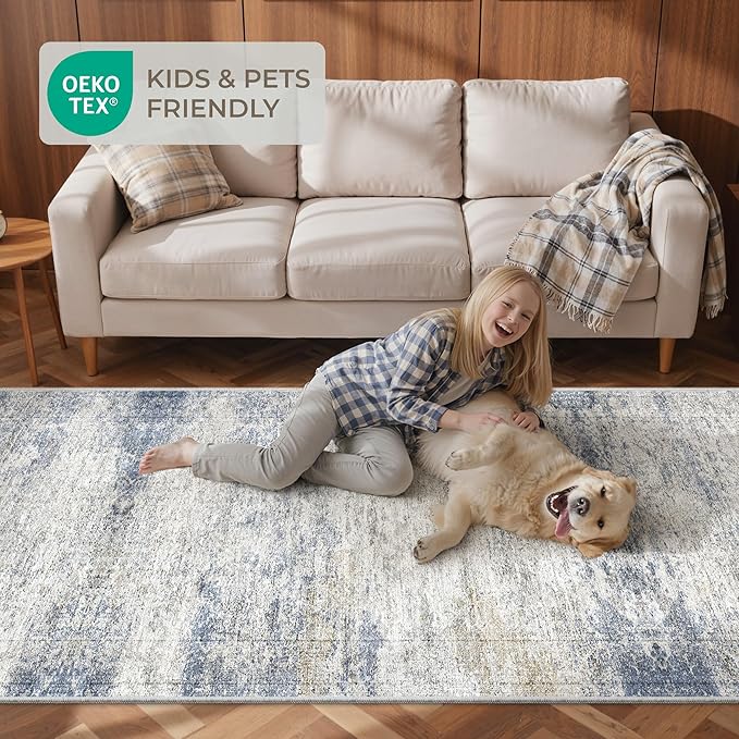 Washable Runner Rugs for Bedroom - 2x6 Runner Rug Non Slip, Ultra-Thin Entryway Runner, Soft Abstract Kitchen Runner for Hallway, Laundry, Indoor Door Mat(2'x6', Blue/Brown/Ivory)
