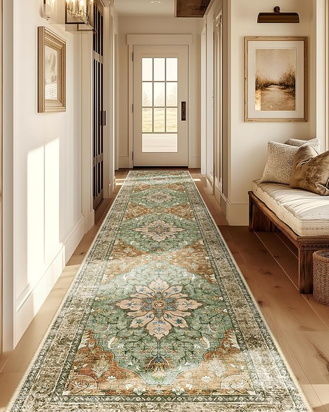 Area Rugs 2'x10' Runner Rug Non Slip Washable for Kitchen Hallway Bedroom Beside Laundry Room Bathroom Rug, Floor Carpet, Brick Red Rust Neutral Brown Burnt Orange Green