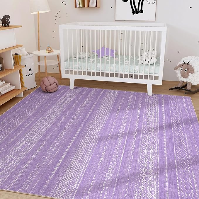 Nakagishi Purple Rug for Bedroom Girls: 5x7 Washable Boho Large Neutral Area Rug Cute Soft Modern Indoor Floor Non-Slip Accent Carpet for Living Room Nursery Kids Playroom Dorm Preppy Baby Room Decor