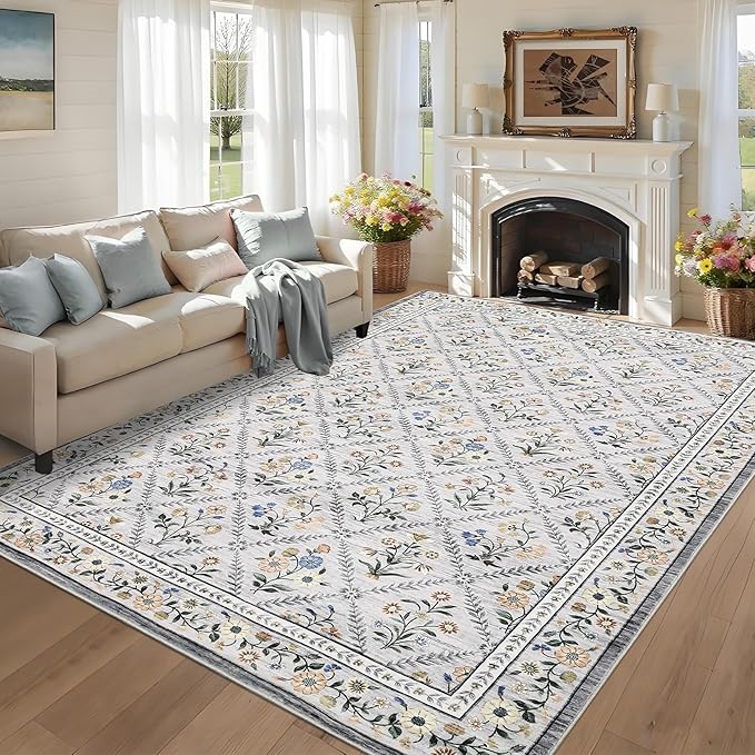 Large Area Rugs 10x13 Washable Rug for Spring Farmhouse Floral Carpet Grey Beige Soft Non Slip Low Pile Faux Wool Stain Resistant for Bedroom Kitchen Bathroom Laundry