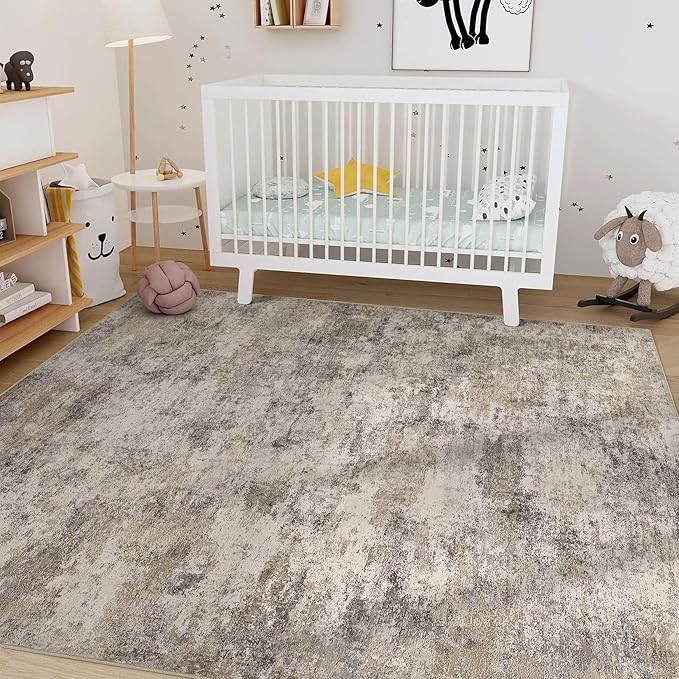 Nakagishi 9x12 Area Rugs Living Room: Washable Abstract Large Neutral Soft Rug Stain Resistant Modern Indoor Floor Non-Slip Carpet for Bedroom Nursery Kids Playroom Office Dining Room Dorm- Brown Grey