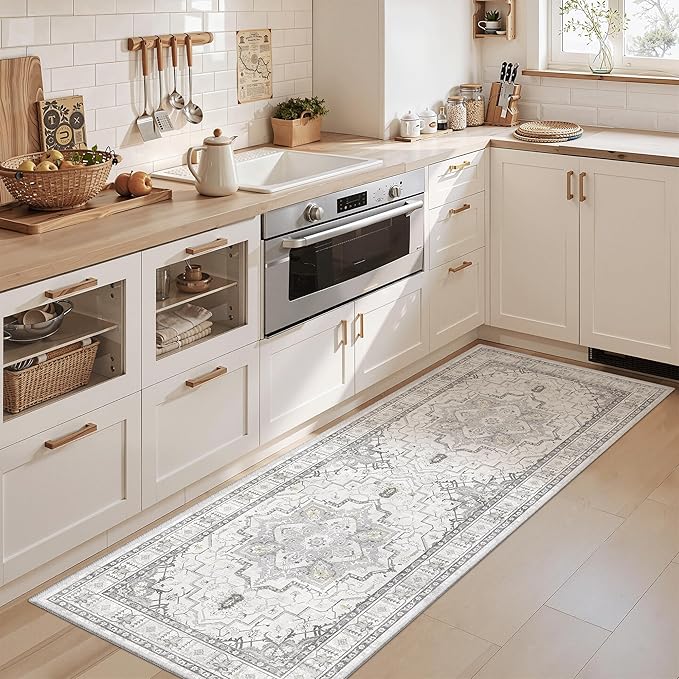 Madane Washable Runner Rug - 2x6 Rug Runners for Hallways 6 Foot Non Slip Vintage Kitchen Runner Rug Ultra-Thin Bathroom Runner Rugs Carpet Laundry Room Bedroom (2x6ft, Grey)